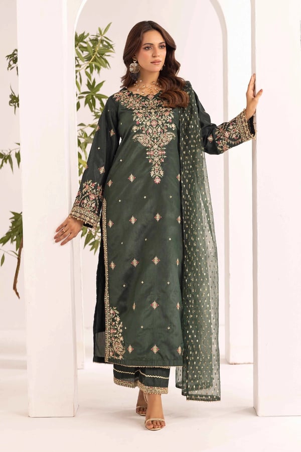 Serene premium collection 3 piece raw silk suit - DGREEN, X - Large