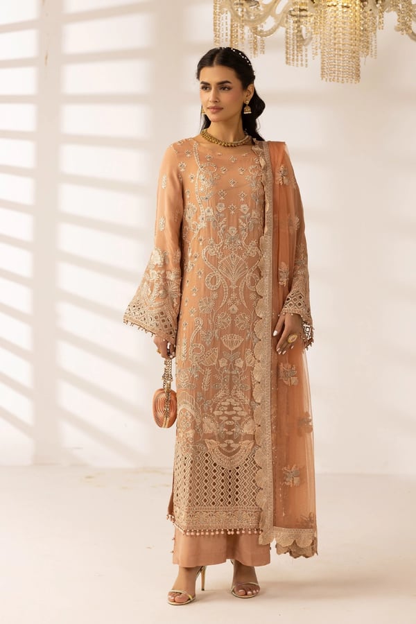 Ayra premium collection embroidered 3 piece suit - Peach, X - Large