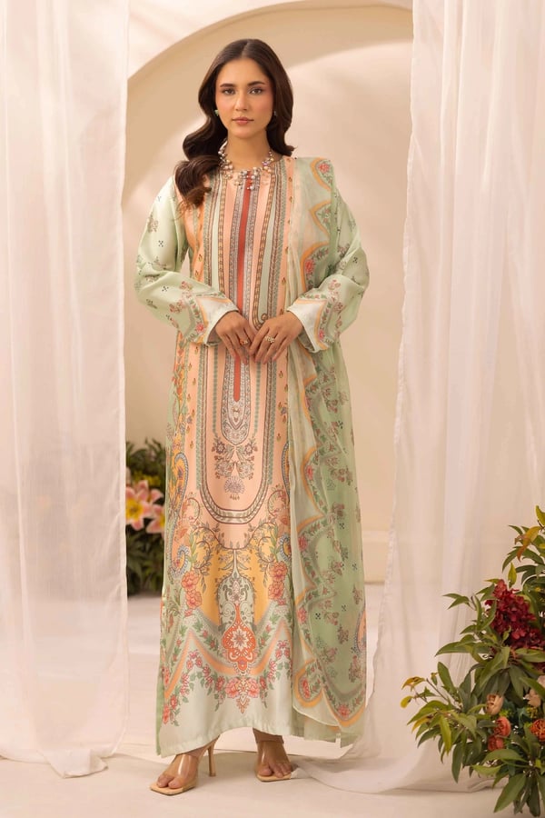 Silk printed collection 3 piece mother and daughter suit - Peach, X - Large