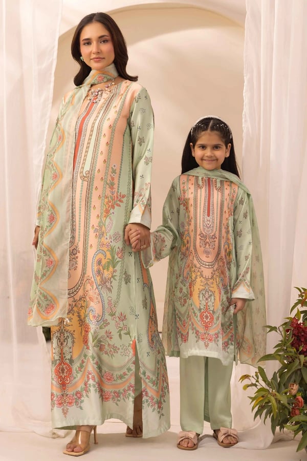 Silk printed kids collection 3 piece mother and daughter suit