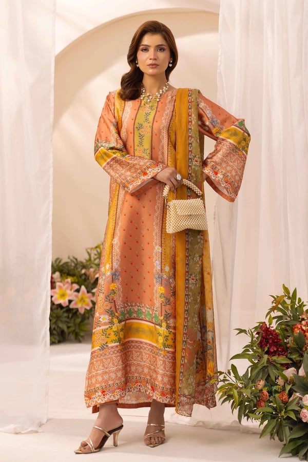 Silk collection printed 3 piece mother and daughter suit - Rust, X - Large