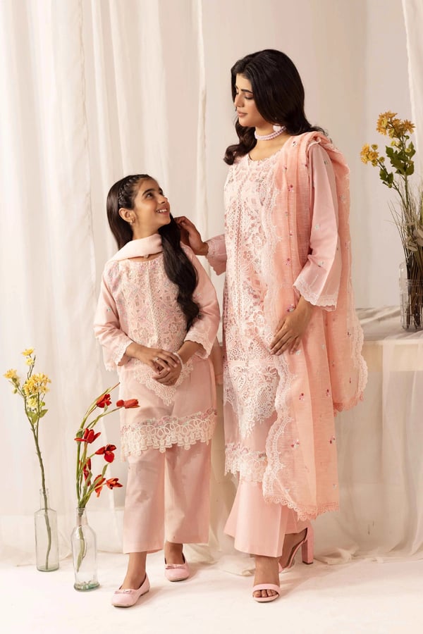 Kiara premium collection mother and daughter kids Eid suit - Peach, 24