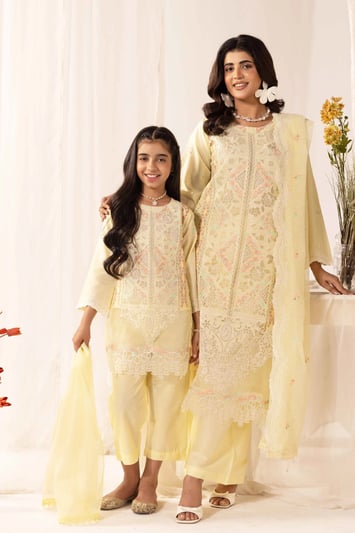 Kiara premium collection mother and daughter kids Eid suit - Yellow, 26
