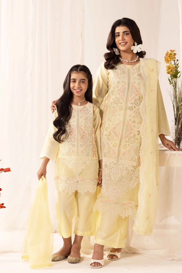 Kiara premium collection mother and daughter kids Eid suit - Yellow, 24