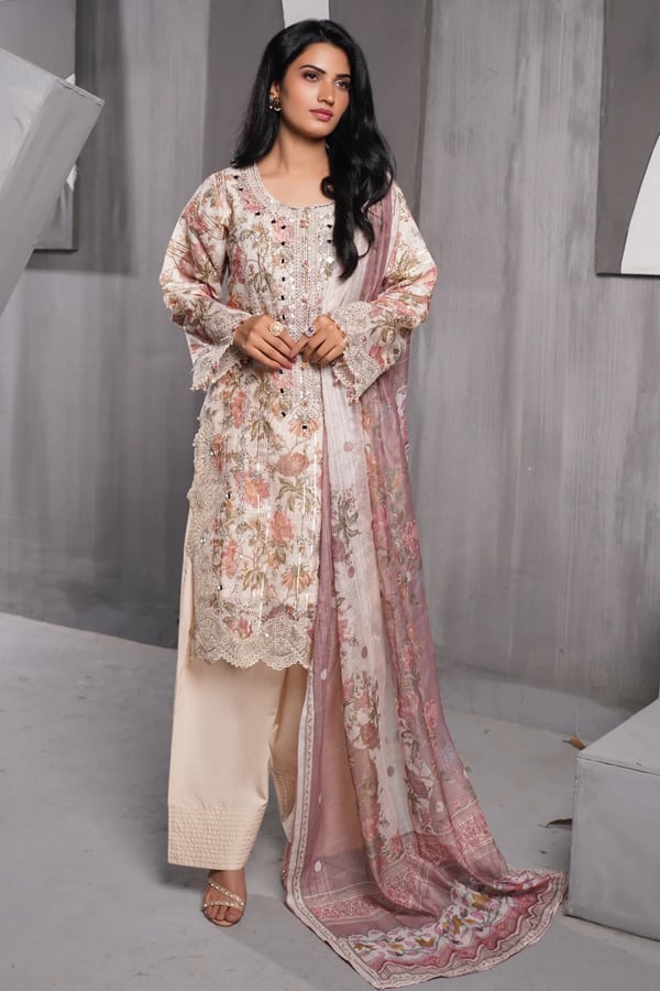 Zoya premium collection 3 piece farshi embroidered suit - Beige, X - Large