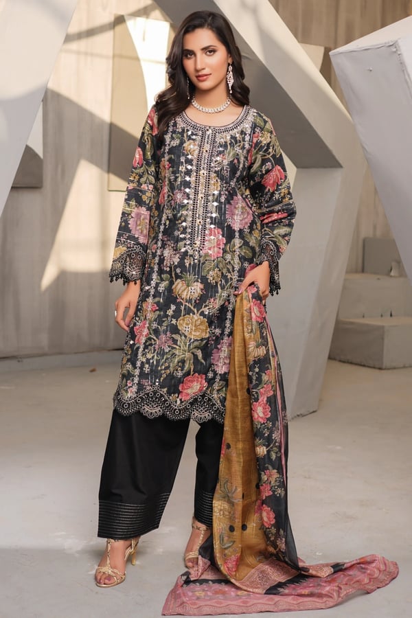 Zoya premium collection 3 piece farshi embroidered suit - Black, X - Large