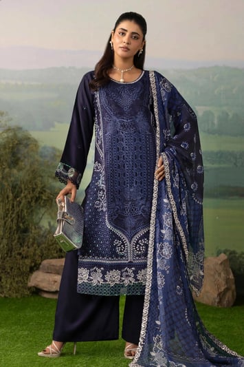 Image chikankari 3 piece embroidered Eid suit - Navy, Large