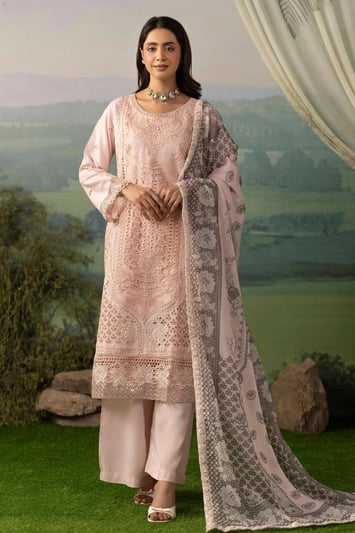 Image chikankari 3 piece embroidered Eid suit - Pink, Small