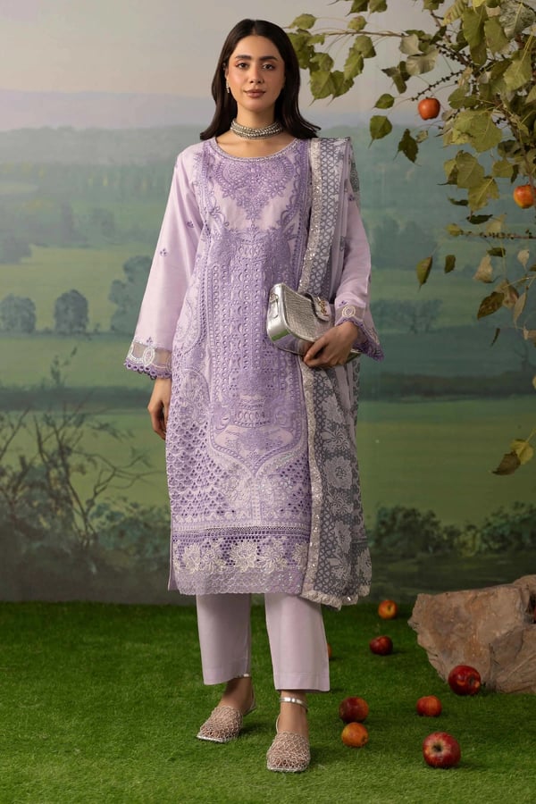 Image chikankari 3 piece embroidered Eid suit - Purple, X - Large