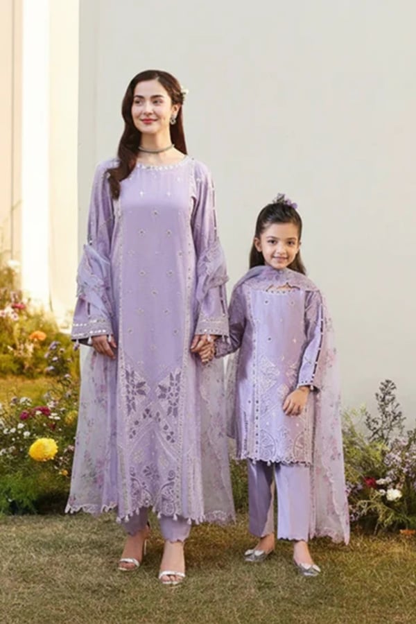 Hania Amir kids 3 piece mother and daughter suit - Purple, 28