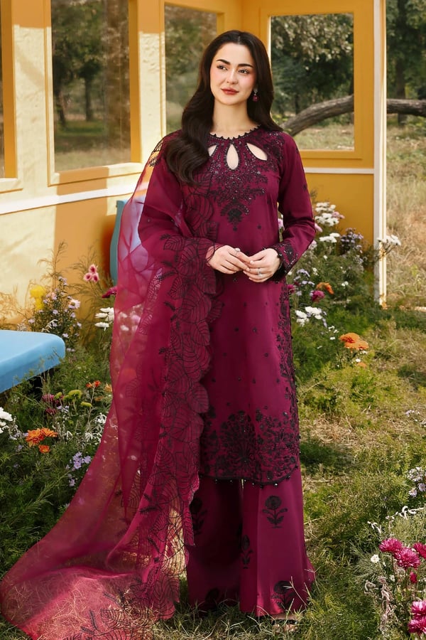 Hania Amir Eid collection 3 piece embroidered suit - MARRON, X - Large