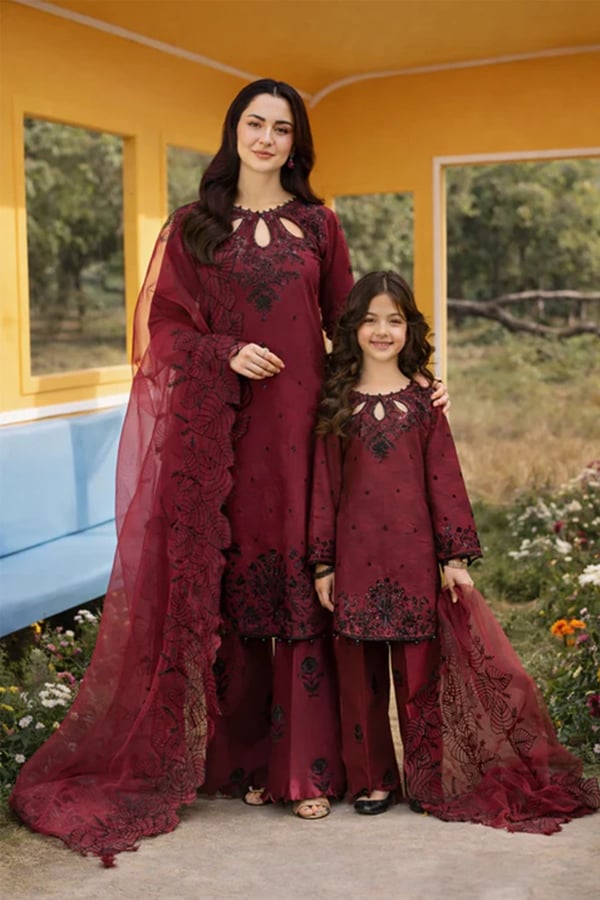 Hania Amir kids Eid collection 3 piece embroidered suit - Maroon, 28
