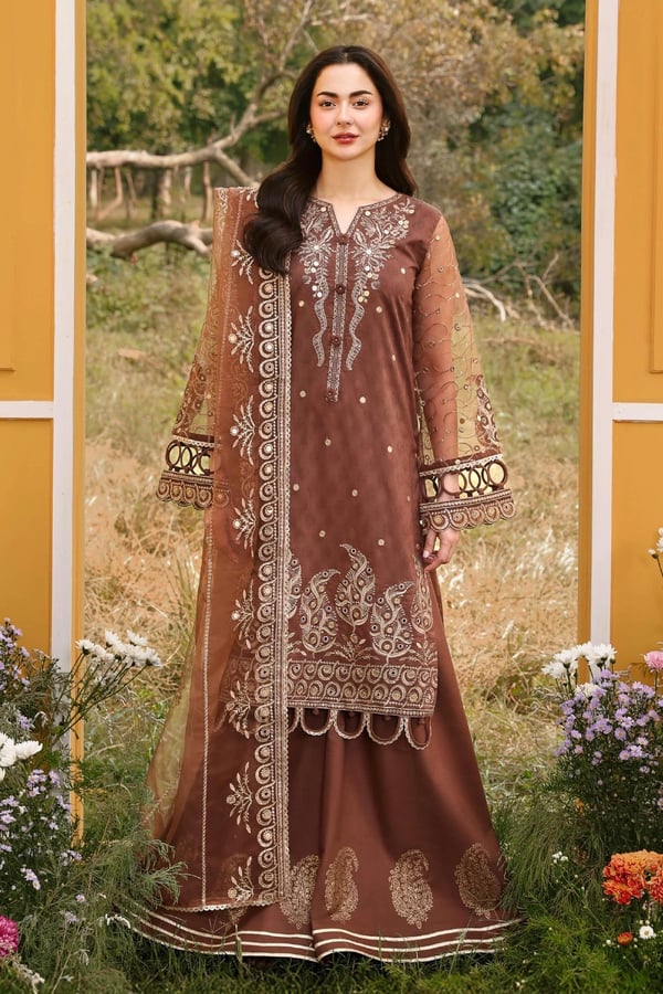 Hania Amir 2026 Eid edit 3 piece embroidered suit - Brown, X - Large