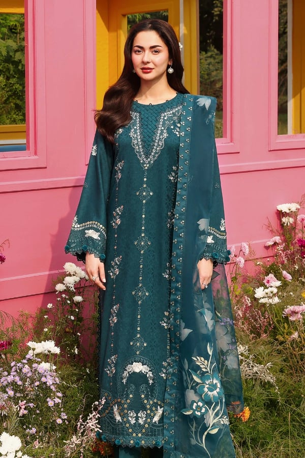 Hania Amir 3 piece embroidered Eid 2026 edit - Teal, X - Large
