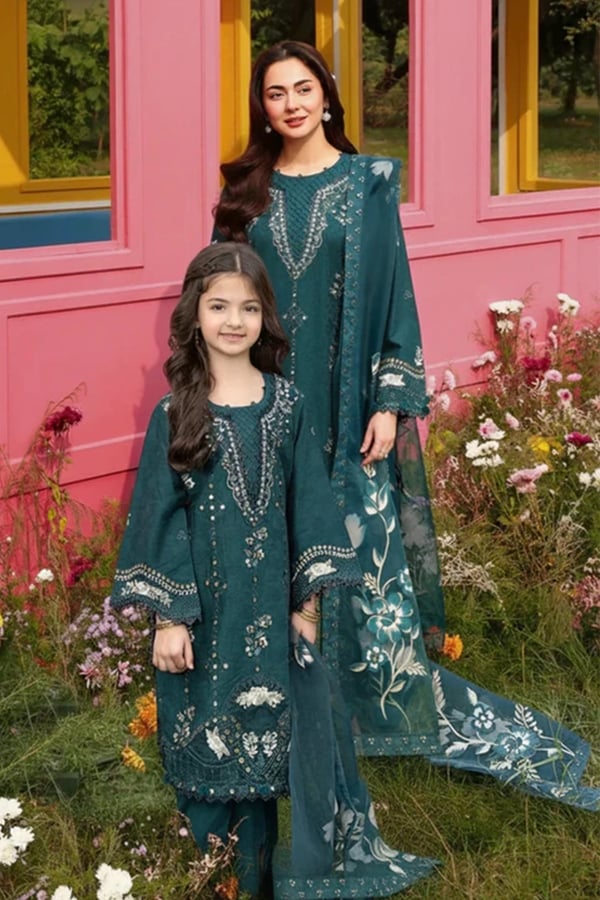Hania Amir kids 3 piece embroidered Eid edit 2026 - Teal, 28