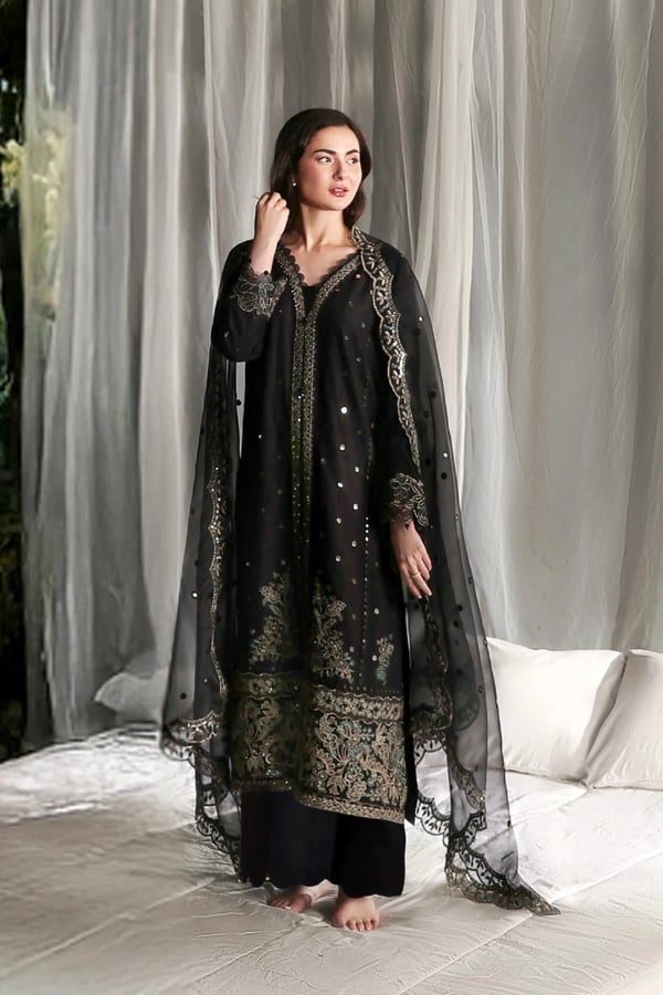 Hania Amir 3 piece embroidered 2026 Eid collection - Black, X - Large