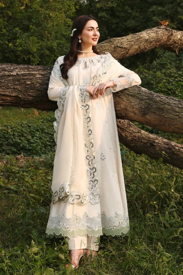 Hania Amir 2026 Eid collection 3 piece suit - Beige, X - Large