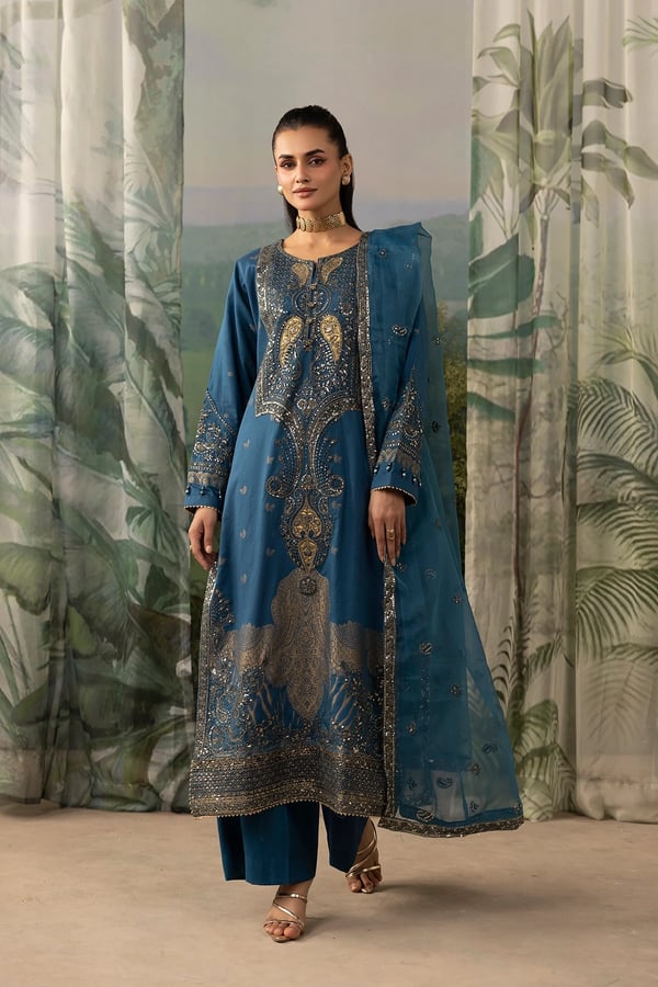 Shiffonz Eid exclusive 3 piece Jacquard premium collection - Teal, X - Large