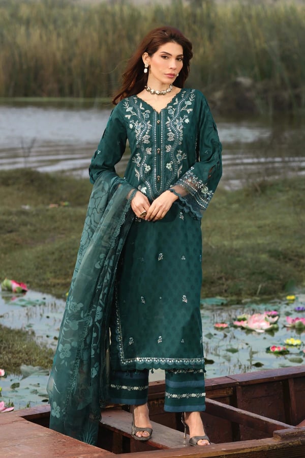 Lotus premium collection 3 piece embroidered Eid suit - Teal, X - Large