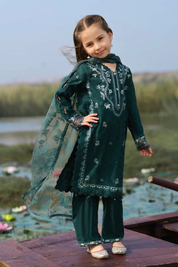 Lotus Kids Premium collection 3 piece embroidered Eid suit - Teal, 22