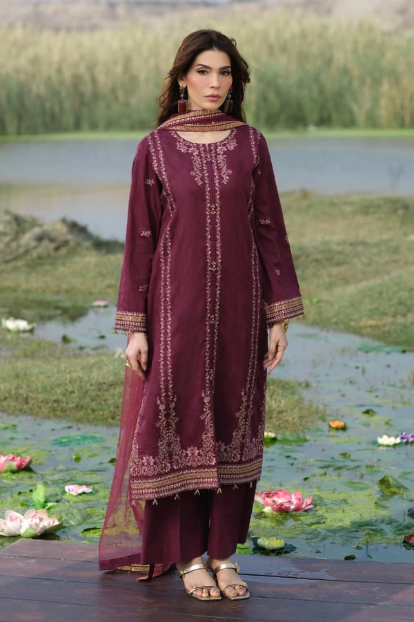 Lotus Collection 3 piece luxe embroidered Eid suit - Maroon, X - Large
