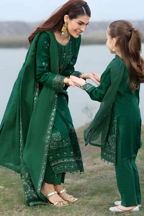 Lotus Kids 3 piece mother and daughter Eid collection - Green, 22