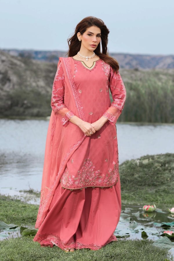Lotus 3 piece embroidered Premium Eid collection - DPINK, X - Large