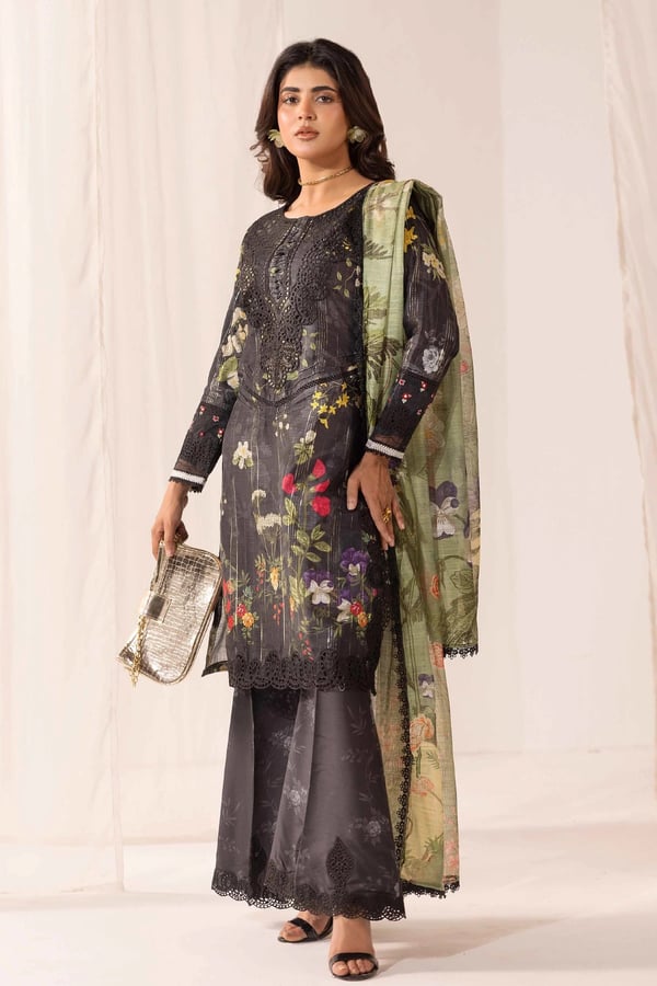 MNR Eid fit 3 piece digital printed luxe suit - Black, X - Large