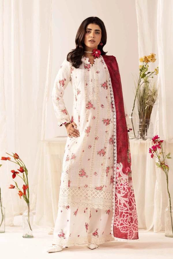 MNR Eid fit 3 piece luxe printed suit - White, X - Large