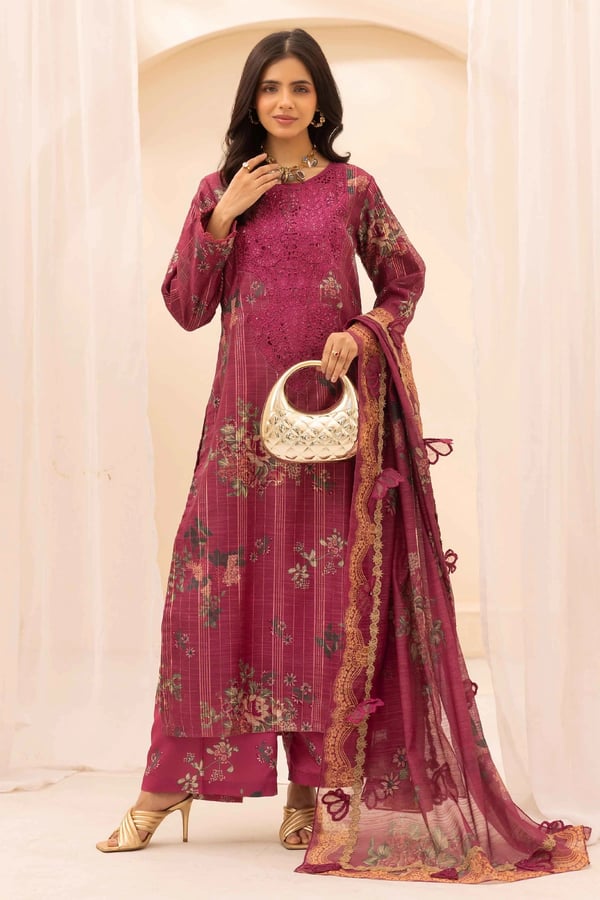 Mariyum premium 3 piece embroidered collection - Maroon, X - Large
