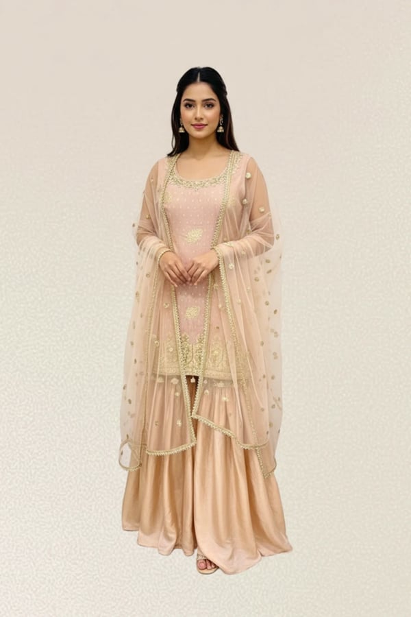 Shiffonz 3 piece luxe embroidered gharara suit - Pink, 34