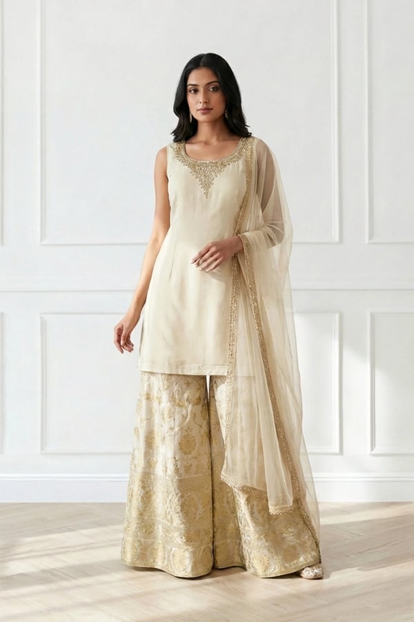 Rubia collection 3 piece embroidered sharara suit - Cream, 34