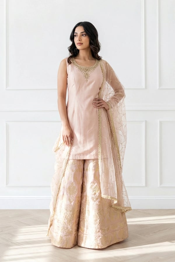 Rubia collection 3 piece embroidered sharara suit - Pink, 34