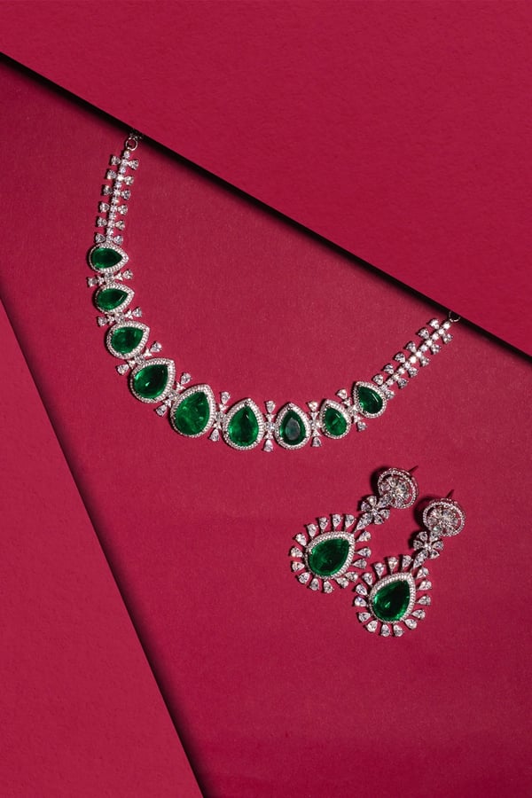 Emerald Royale american damond halo necklace set - DGREEN, FS