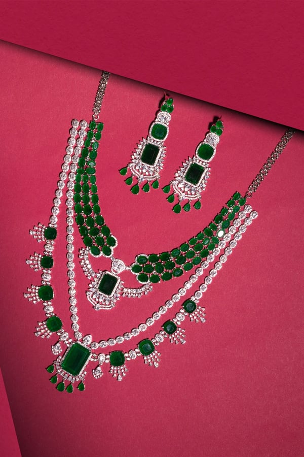 Emerald Royale polki american diamond necklace set - DGREEN, FS