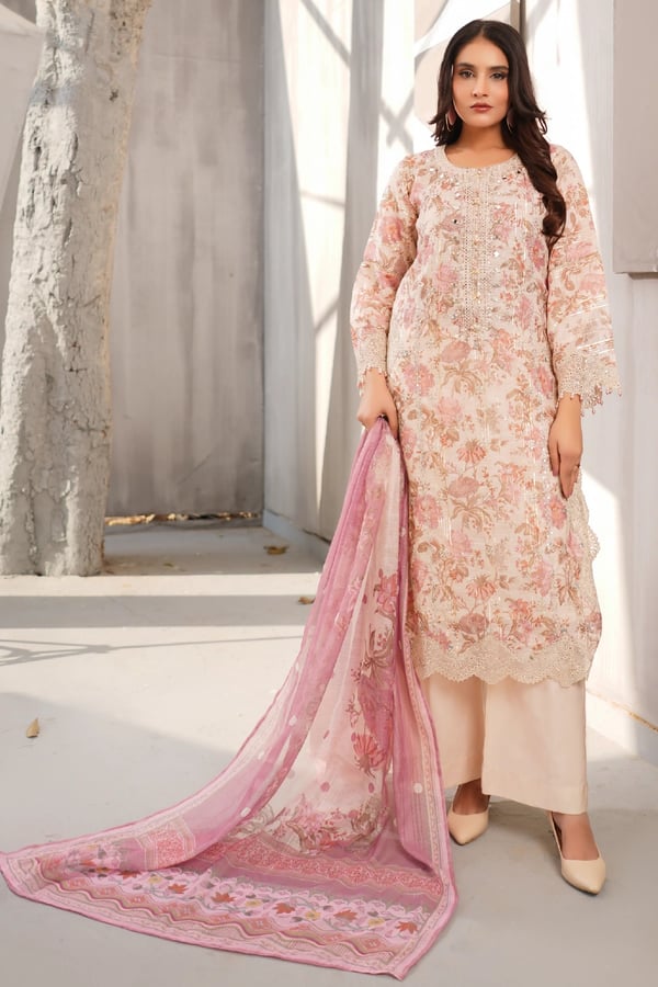 Zoya premium collection 3 piece embroidered plazo suit - Cream, X - Large