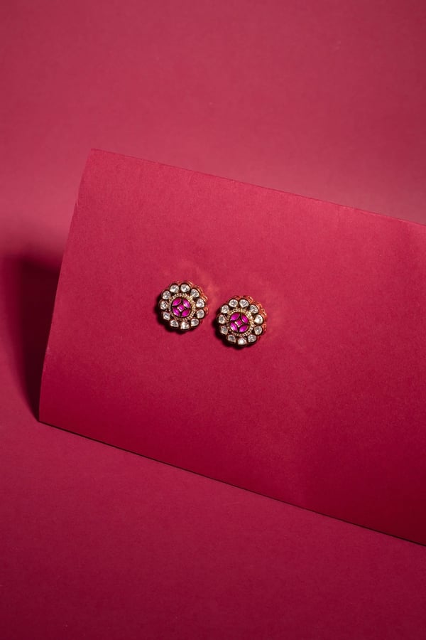 Magenta petal zircon halo studs - DPINK, FS