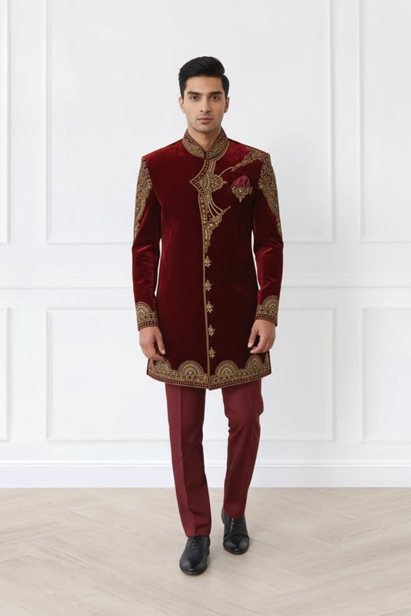 Velvet men's embroidered sherwani - Maroon, 34