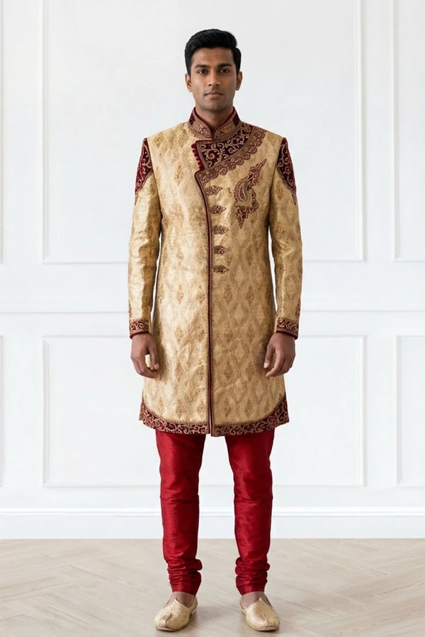 Men's luxe sherwani with churidaar - Gold, 34