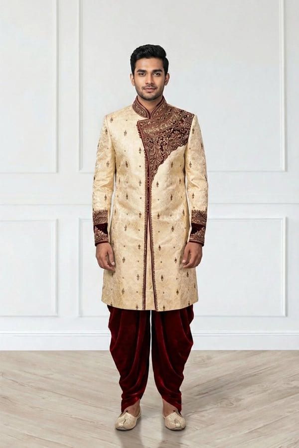 Men's emroidered sherwani with patiala shalwar - Gold, 34