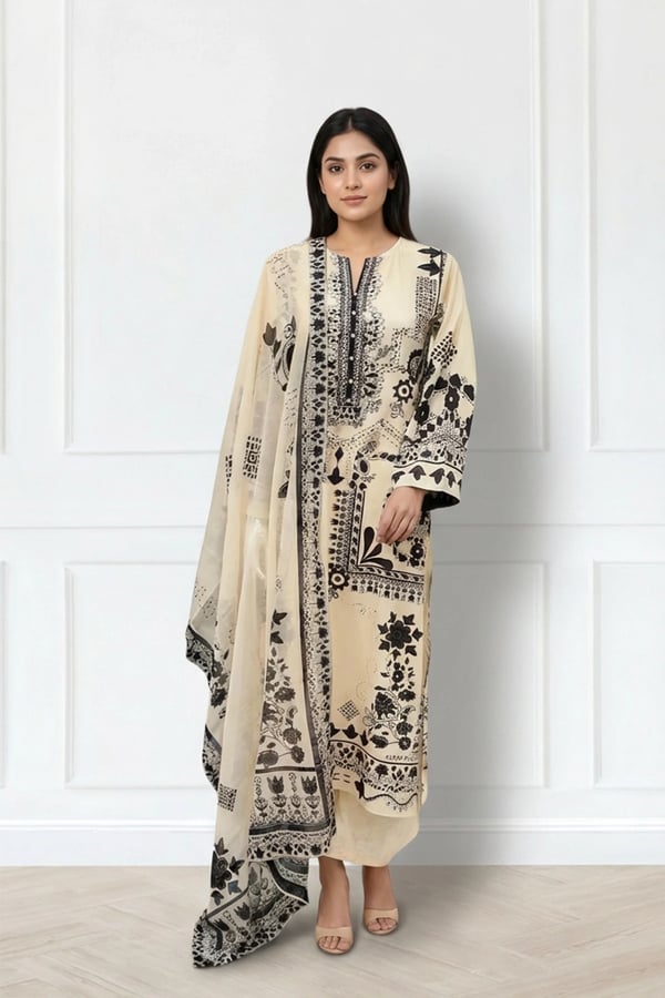 Saffa Premium collection 3 piece luxe printed suit - Cream, X - Large