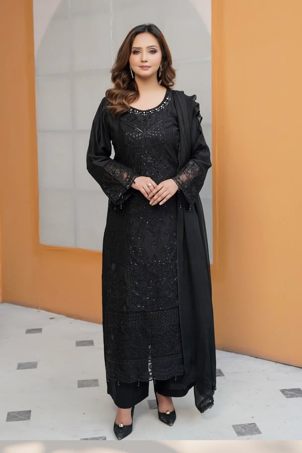 Kiara premium collection 3 piece embroidered suit - Black, X - Large