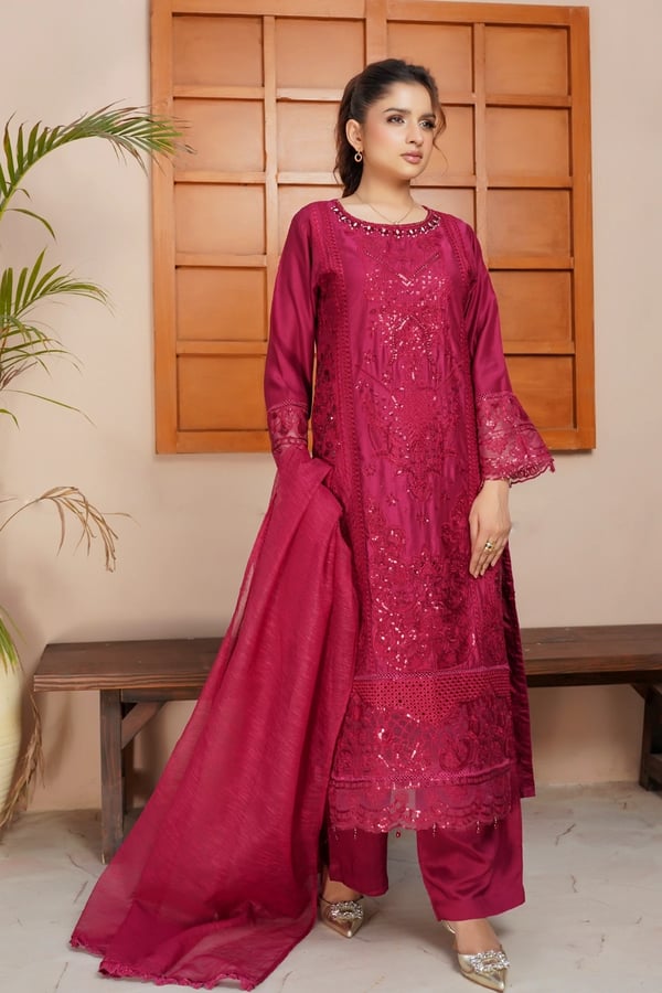 Kiara premium collection 3 piece embroidered suit - MAGENT, X - Large