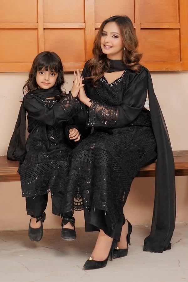 Kiara premium collection 3 piece embroidered kids suit - Black, 24