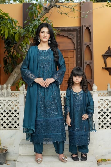 Kiara premium collection 3 piece embroidered kids suit - Teal, 28