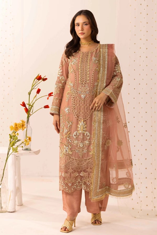 Yamna Eid fit premium 3 piece embroidered collection - DPINK, X - Large