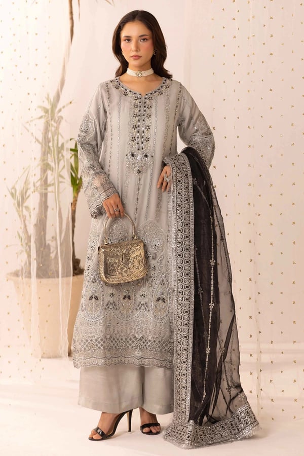 Yamna premium 3 piece emroidered chiffon collection - Grey, X - Large