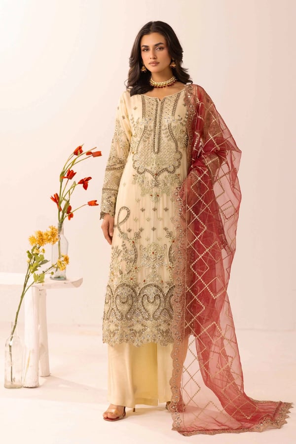 Yamna premium collection 3 piece embroidered suit - Cream, X - Large