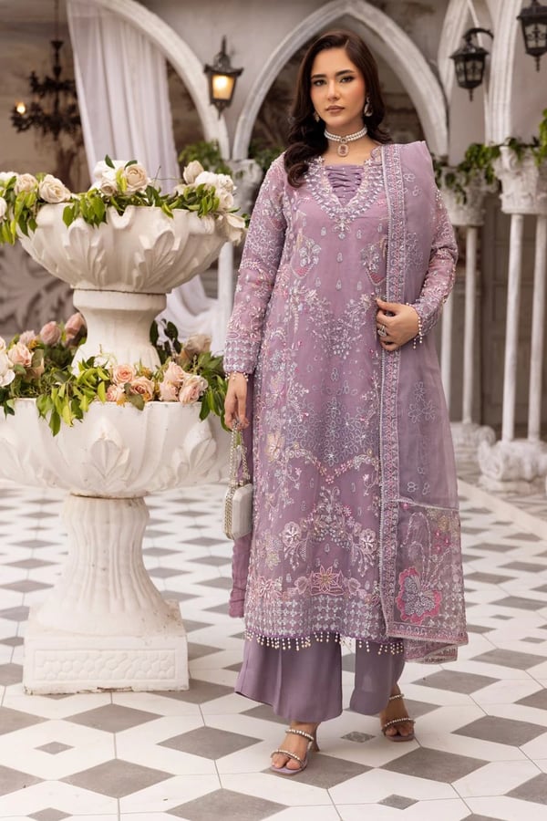 Zikr-e-Yaar premium collection 3 piece luxe suit - Lilac, X - Large