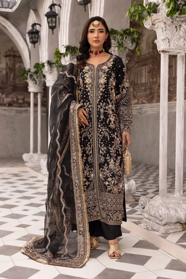 Zikr-e-Yaar premium collection luxe 3 piece suit - Black, X - Large